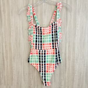 AERIE One Piece Swimsuit Women Size Medium Gingham Plaid Cut Out Ruffle Monokini